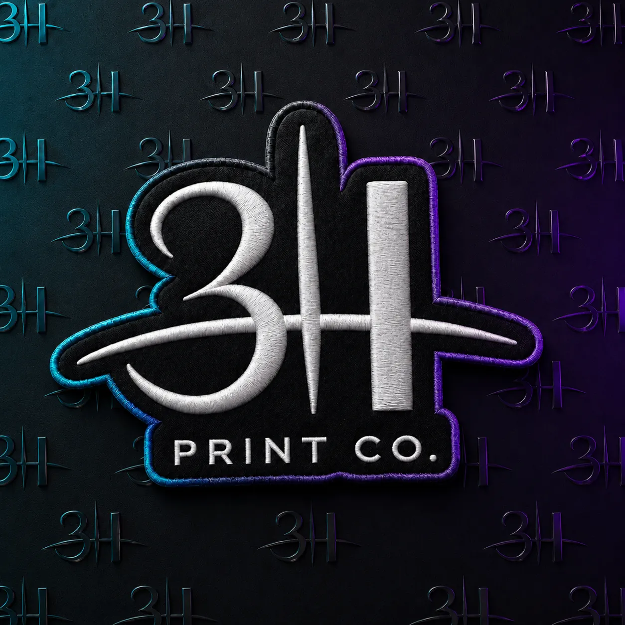3H Print Co. embroidered patch on cyan-to-amethyst monogram wall