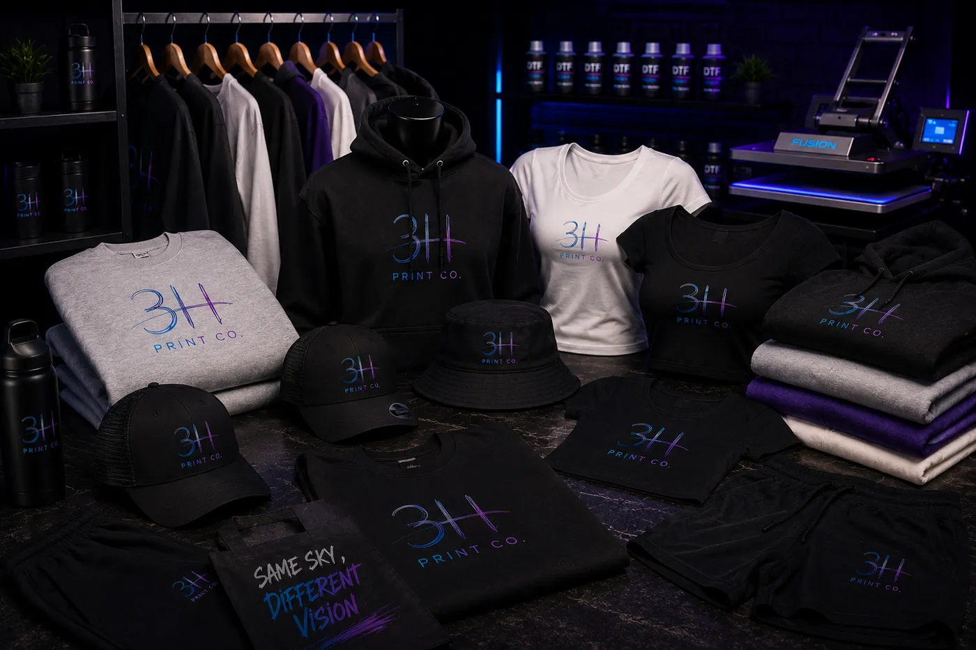 3H Print Co. full apparel lineup — hoodies, tees, caps & drinkware