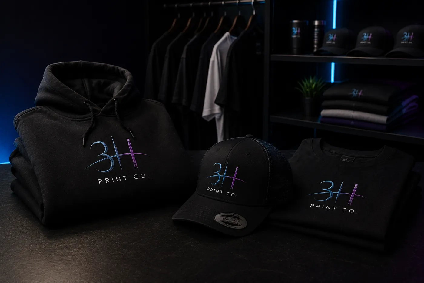 3H Print Co. hoodie, cap & tee neon-lit trio