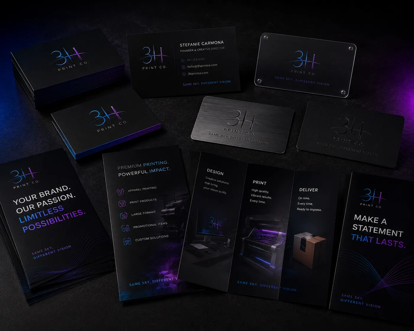 3H Print Co. premium print collateral — cards, brochures & signage