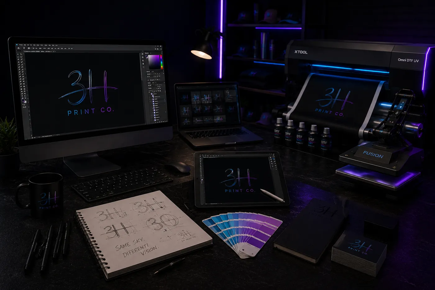 3H Print Co. design workstation with iMac, iPad & DTF printer