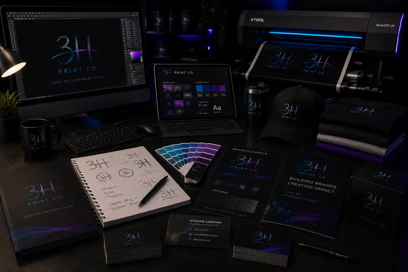 3H Print Co. brand deskscape — design suite, DTF printer & merch